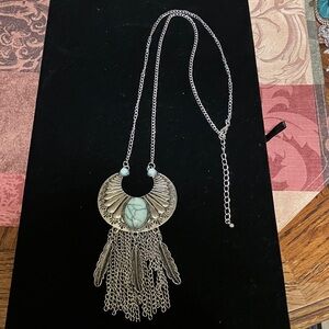 Silver synthetic turquoise Feather Pendant Necklace